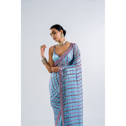 Vvani by Vani Vats Ice Blue Heavy Mirror Work Saree & Stitched Blouse