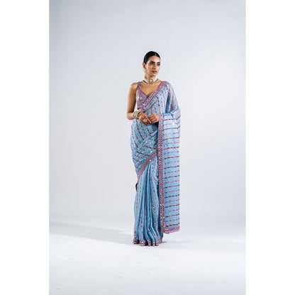 Vvani by Vani Vats Ice Blue Mirror Work Saree with Metallic Stitched Blouse