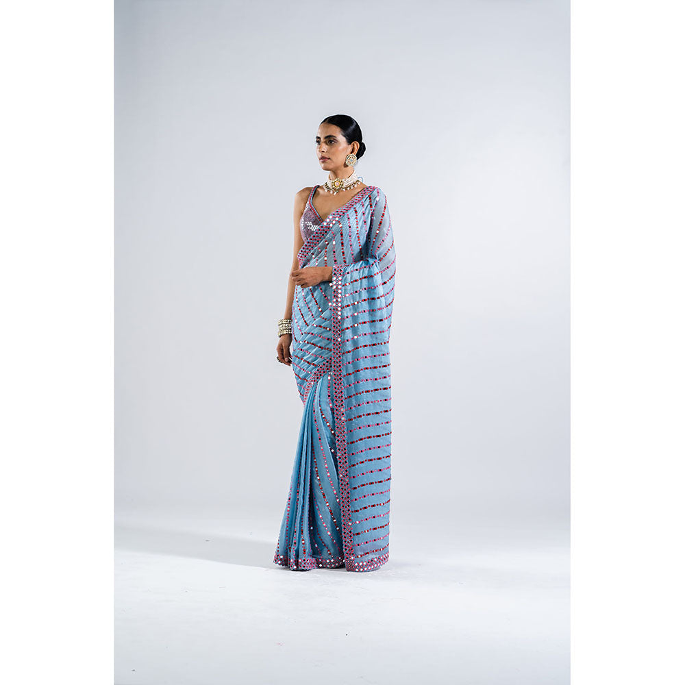 Vvani by Vani Vats Ice Blue Mirror Work Saree with Metallic Stitched Blouse