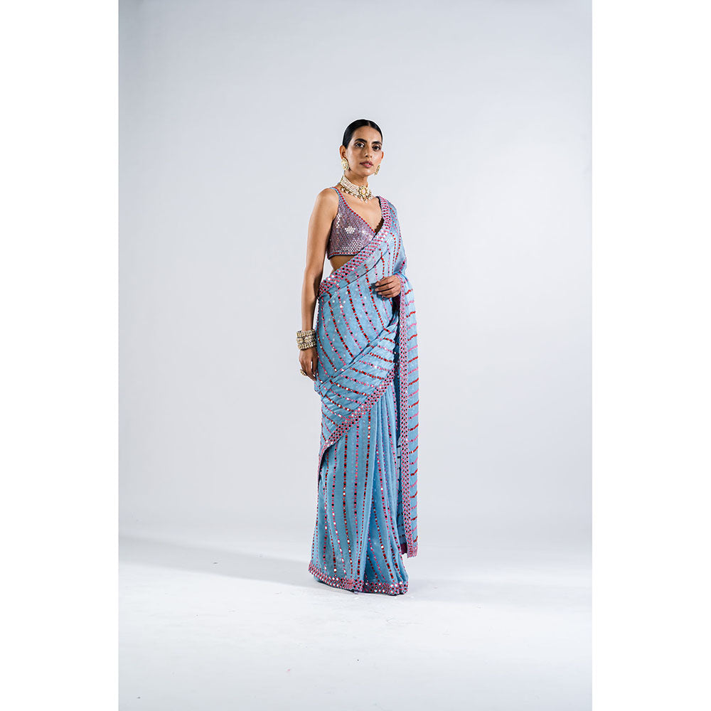 Vvani by Vani Vats Ice Blue Mirror Work Saree with Metallic Stitched Blouse
