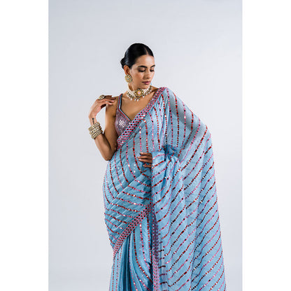 Vvani by Vani Vats Ice Blue Mirror Work Saree with Metallic Stitched Blouse