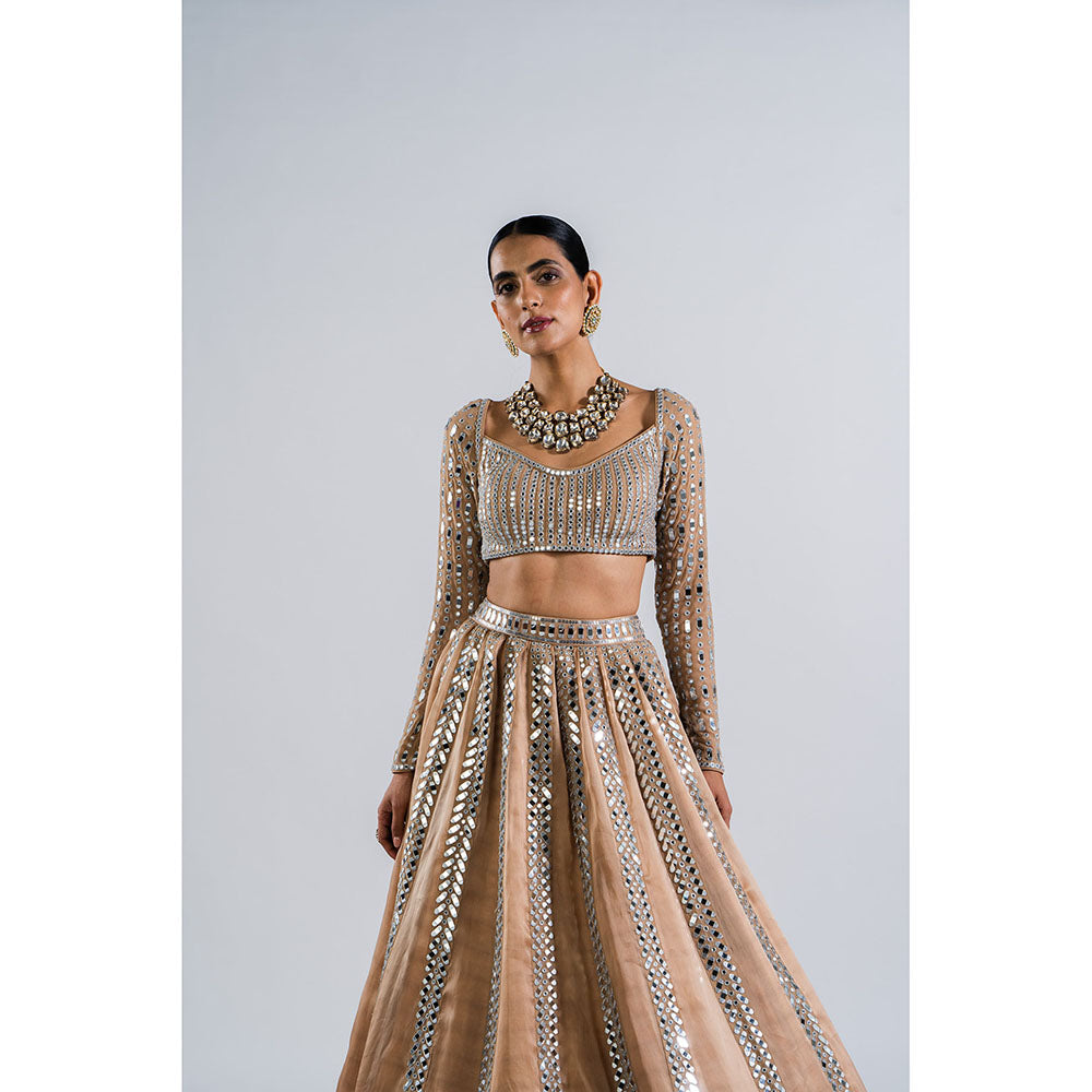 Vvani by Vani Vats Beige Mirror Seam Lehenga with Mirror Blouse & Dupatta (Set of 3)