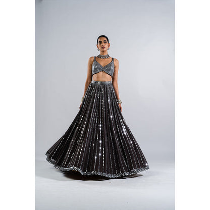 Vvani by Vani Vats Charcoal Grey Drop Lehenga with Metallic Blouse & Dupatta (Set of 3)