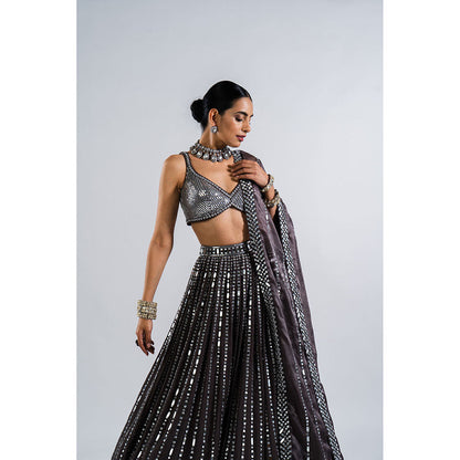 Vvani by Vani Vats Charcoal Grey Drop Lehenga with Metallic Blouse & Dupatta (Set of 3)