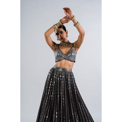 Vvani by Vani Vats Charcoal Grey Drop Lehenga with Metallic Blouse & Dupatta (Set of 3)