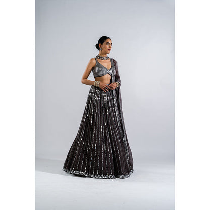 Vvani by Vani Vats Charcoal Grey Drop Lehenga with Metallic Blouse & Dupatta (Set of 3)