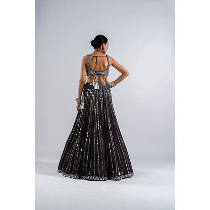 Vvani by Vani Vats Charcoal Grey Drop Lehenga with Metallic Blouse & Dupatta (Set of 3)