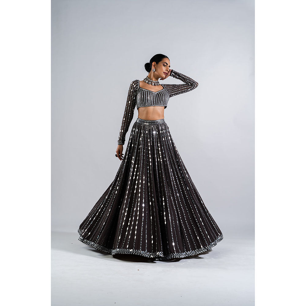 Vvani by Vani Vats Charcoal Grey Linear Drop Blouse with Lehenga & Dupatta (Set of 3)