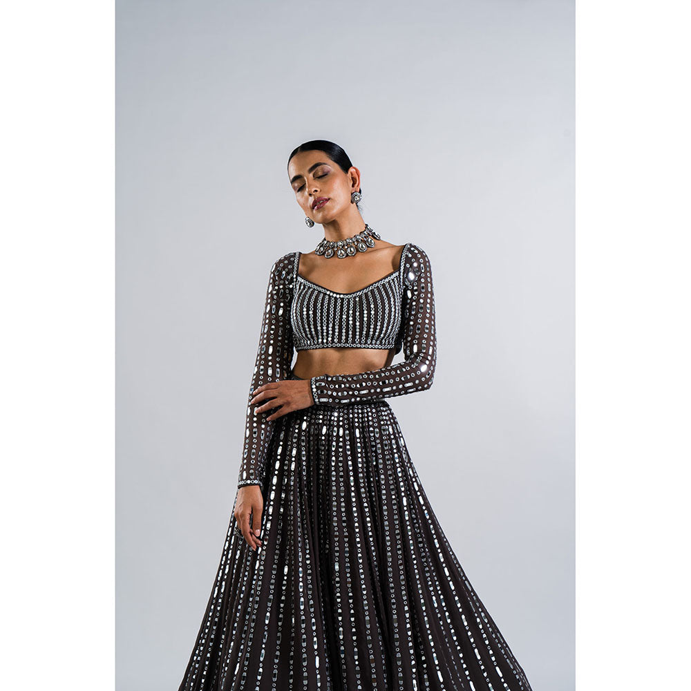 Vvani by Vani Vats Charcoal Grey Linear Drop Blouse with Lehenga & Dupatta (Set of 3)
