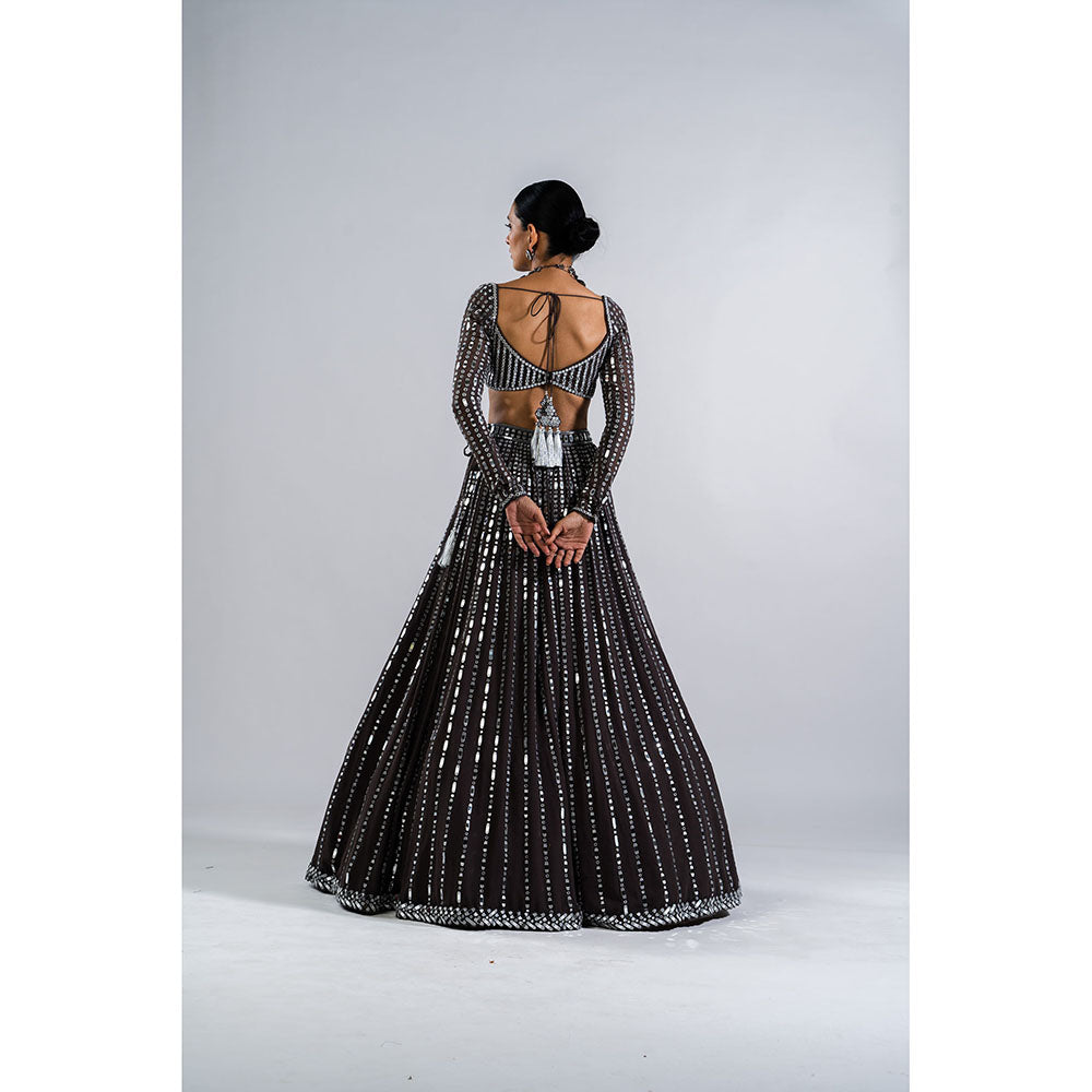 Vvani by Vani Vats Charcoal Grey Linear Drop Blouse with Lehenga & Dupatta (Set of 3)