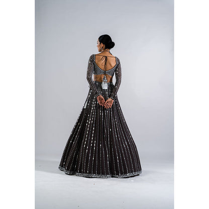 Vvani by Vani Vats Charcoal Grey Linear Drop Blouse with Lehenga & Dupatta (Set of 3)
