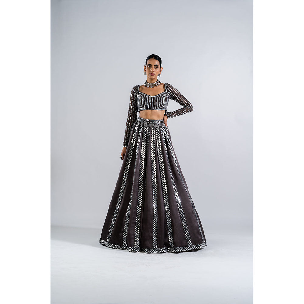 Vvani by Vani Vats Charcoal Grey Mirror Seam Blouse with Lehenga & Dupatta (Set of 3)