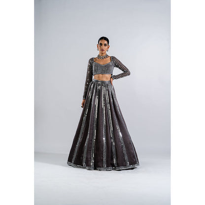 Vvani by Vani Vats Charcoal Grey Mirror Seam Blouse with Lehenga & Dupatta (Set of 3)