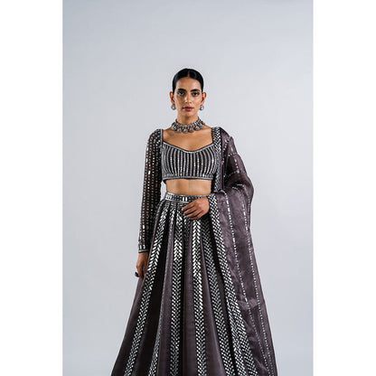 Vvani by Vani Vats Charcoal Grey Mirror Seam Blouse with Lehenga & Dupatta (Set of 3)