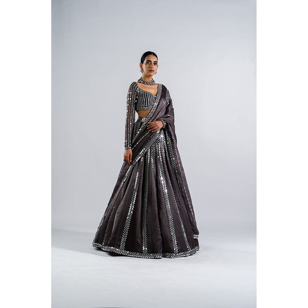 Vvani by Vani Vats Charcoal Grey Mirror Seam Blouse with Lehenga & Dupatta (Set of 3)