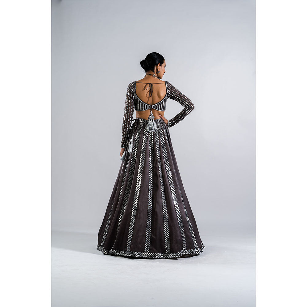 Vvani by Vani Vats Charcoal Grey Mirror Seam Blouse with Lehenga & Dupatta (Set of 3)