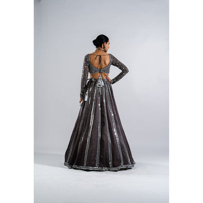 Vvani by Vani Vats Charcoal Grey Mirror Seam Blouse with Lehenga & Dupatta (Set of 3)