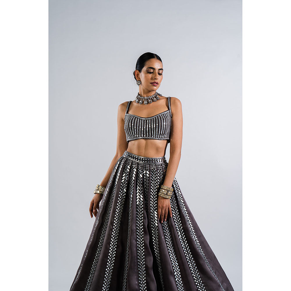 Vvani by Vani Vats Charcoal Grey Seam Lehenga with Mirror Blouse & Dupatta (Set of 3)
