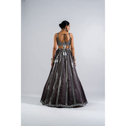 Vvani by Vani Vats Charcoal Grey Seam Lehenga with Mirror Blouse & Dupatta (Set of 3)