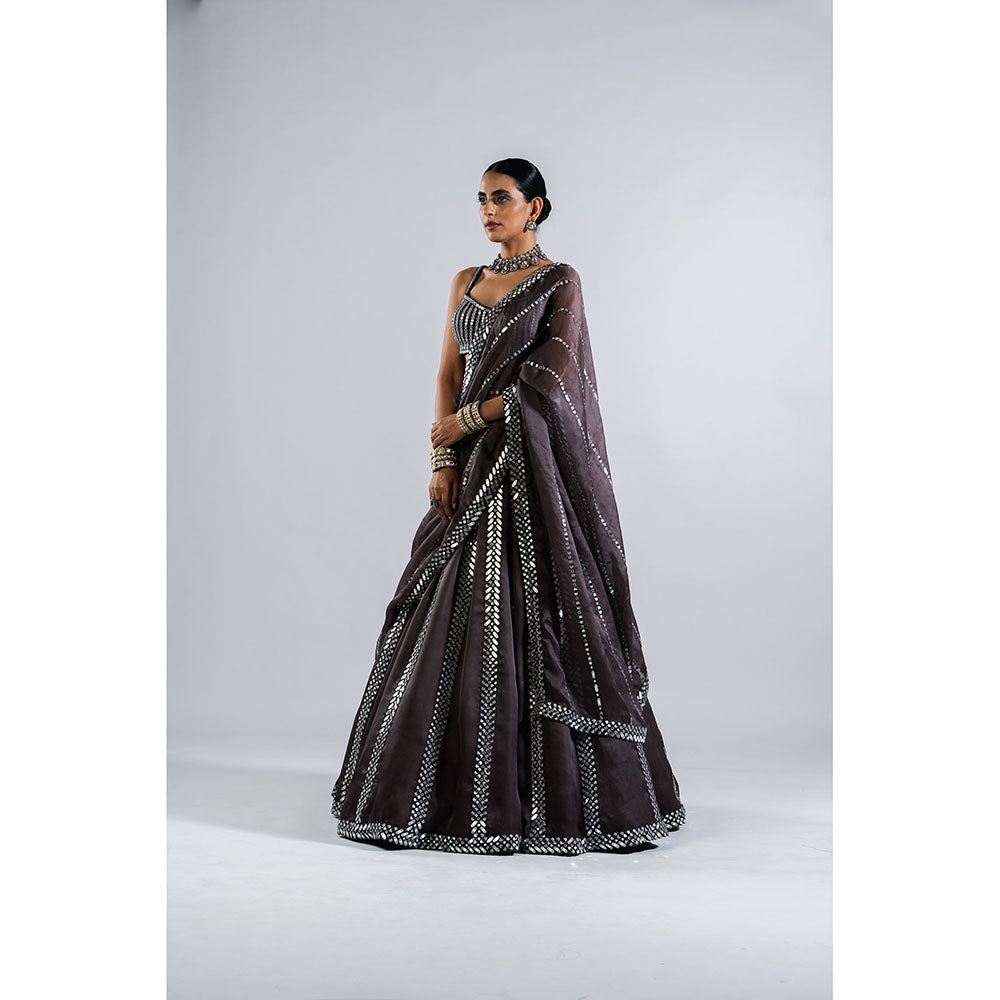 Vvani by Vani Vats Charcoal Grey Seam Lehenga with Mirror Blouse & Dupatta (Set of 3)