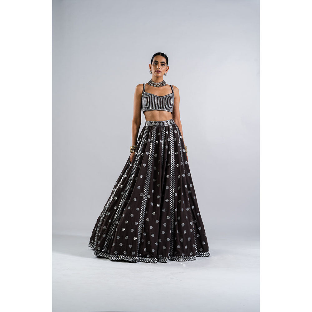 Vvani by Vani Vats Charcoal Grey Flower Blouse with Lehenga & Dupatta (Set of 3)