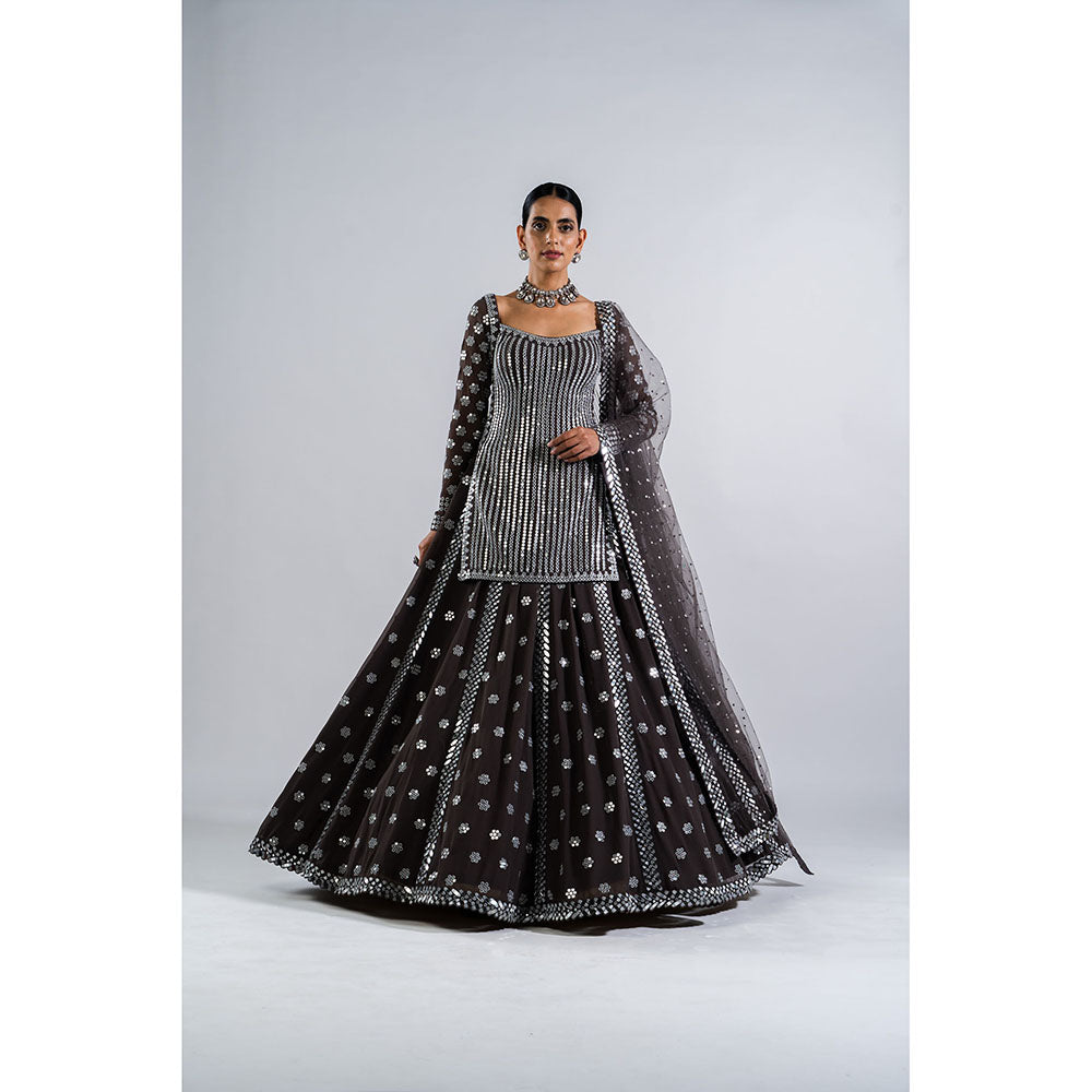 Vvani by Vani Vats Charcoal Grey Mirror Work Kurti with Lehenga & Dupatta (Set of 3)