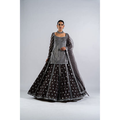 Vvani by Vani Vats Charcoal Grey Mirror Work Kurti with Lehenga & Dupatta (Set of 3)