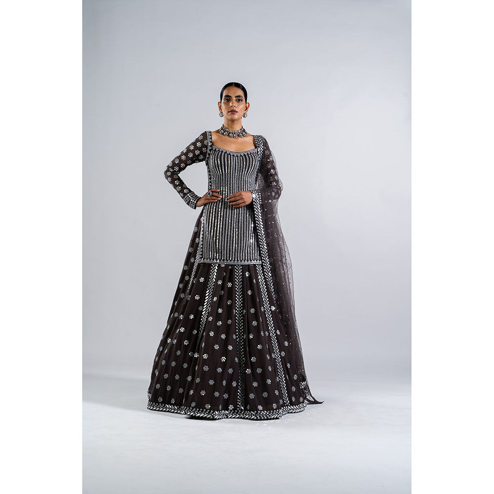 Vvani by Vani Vats Charcoal Grey Mirror Work Kurti with Lehenga & Dupatta (Set of 3)