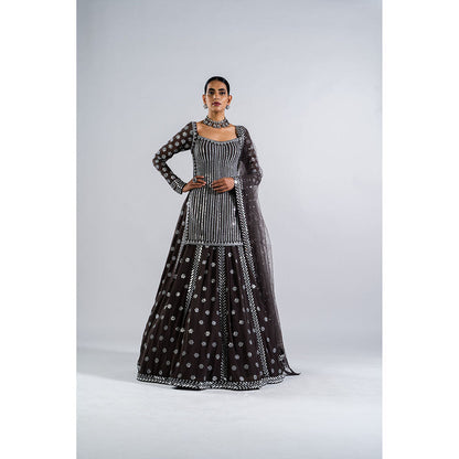 Vvani by Vani Vats Charcoal Grey Mirror Work Kurti with Lehenga & Dupatta (Set of 3)