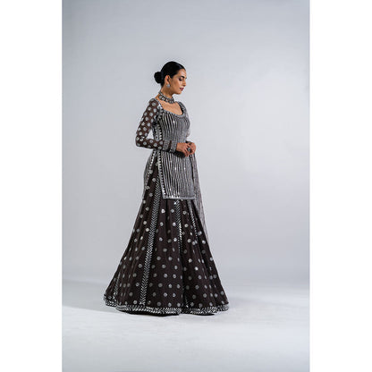 Vvani by Vani Vats Charcoal Grey Mirror Work Kurti with Lehenga & Dupatta (Set of 3)