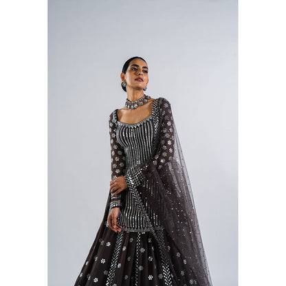Vvani by Vani Vats Charcoal Grey Mirror Work Kurti with Lehenga & Dupatta (Set of 3)