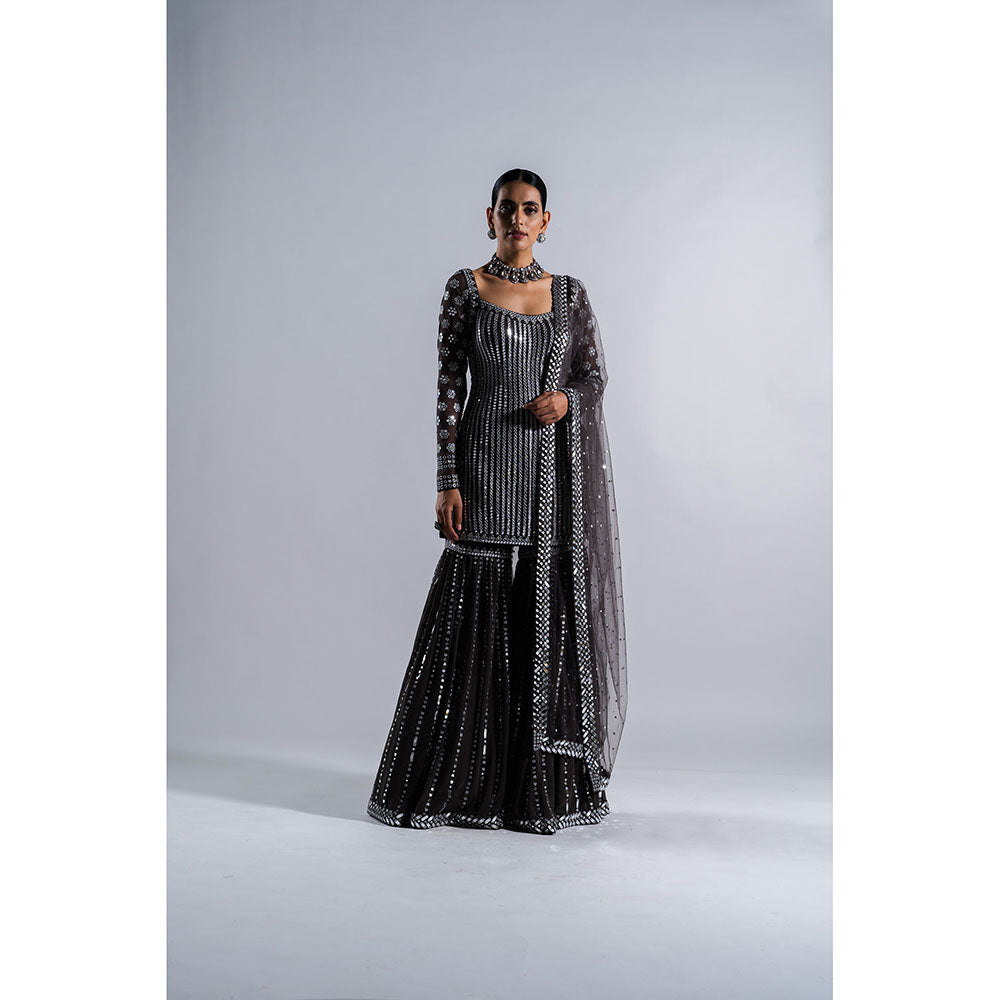 Vvani by Vani Vats Charcoal Grey Kurti with Sharara & Dupatta (Set of 3)