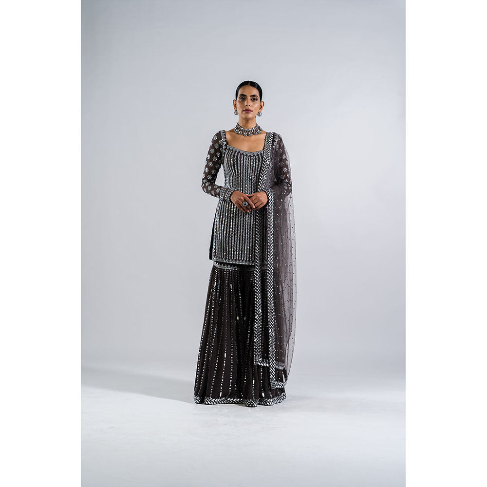 Vvani by Vani Vats Charcoal Grey Kurti with Sharara & Dupatta (Set of 3)