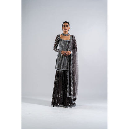 Vvani by Vani Vats Charcoal Grey Kurti with Sharara & Dupatta (Set of 3)
