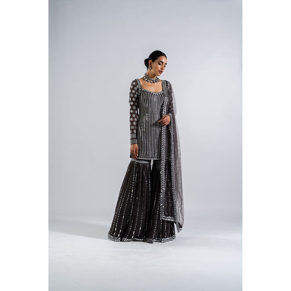 Vvani by Vani Vats Charcoal Grey Kurti with Sharara & Dupatta (Set of 3)