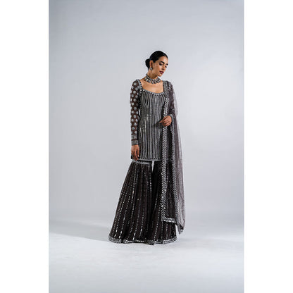 Vvani by Vani Vats Charcoal Grey Kurti with Sharara & Dupatta (Set of 3)