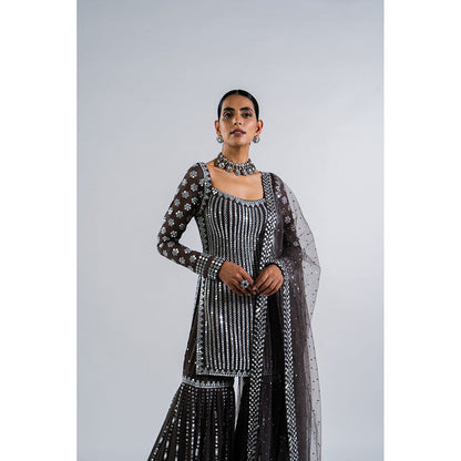 Vvani by Vani Vats Charcoal Grey Kurti with Sharara & Dupatta (Set of 3)