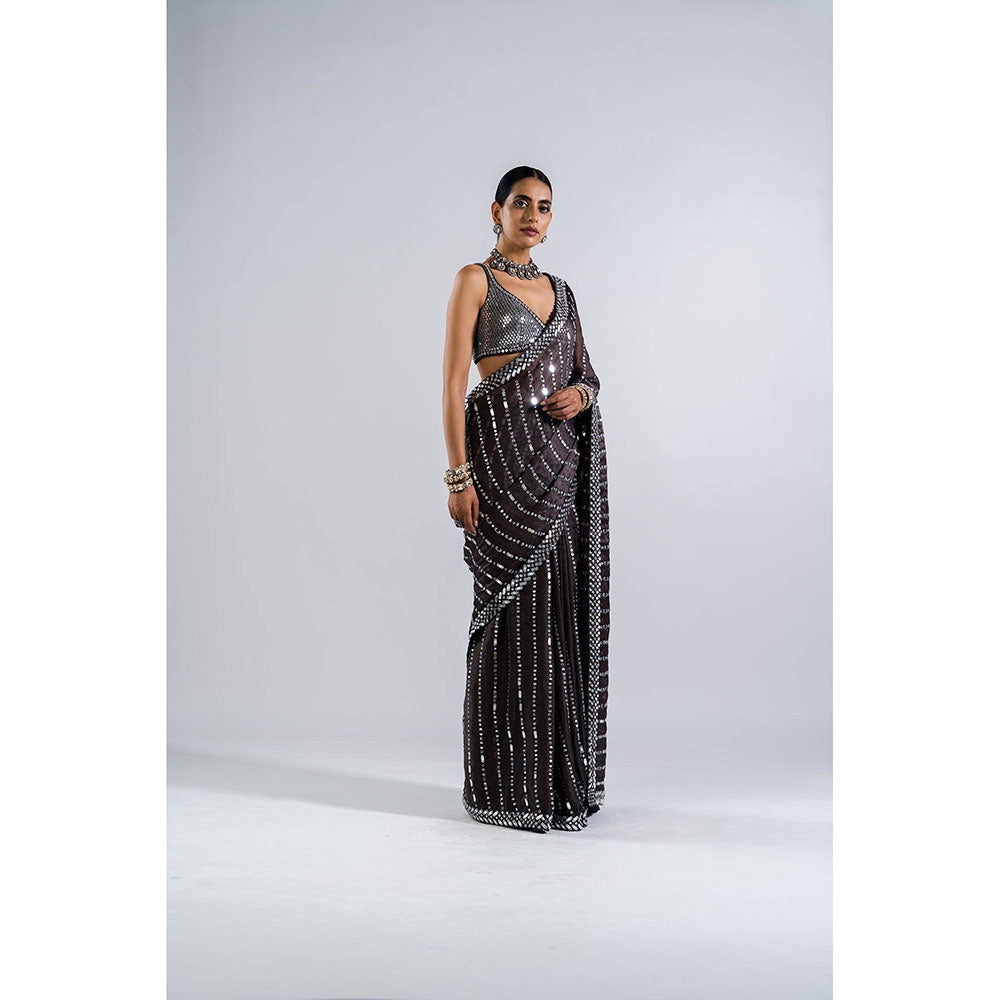Vvani by Vani Vats Charcoal Grey Mirror Work Saree with Metallic Stitched Blouse