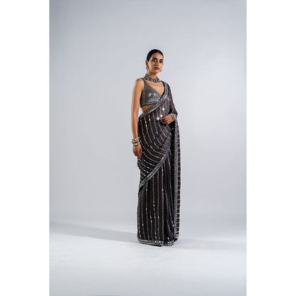 Vvani by Vani Vats Charcoal Grey Mirror Work Saree with Metallic Stitched Blouse