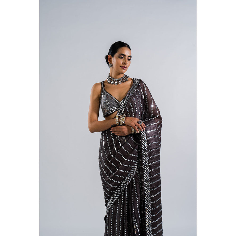 Vvani by Vani Vats Charcoal Grey Mirror Work Saree with Metallic Stitched Blouse