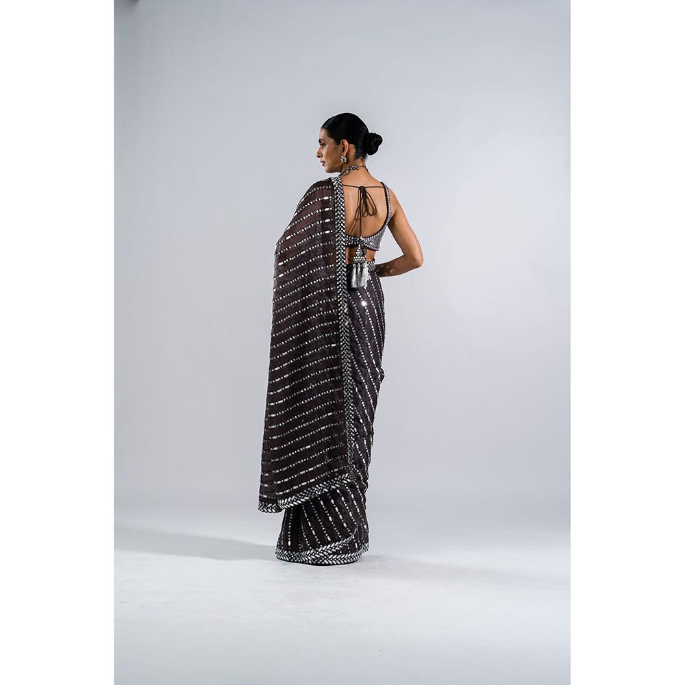 Vvani by Vani Vats Charcoal Grey Mirror Work Saree with Metallic Stitched Blouse