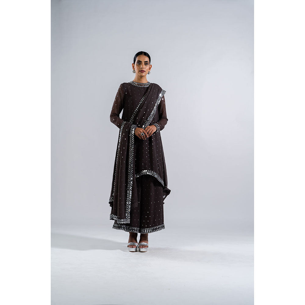 Vvani by Vani Vats Charcoal Grey Asymmetrical Kurta & Palazzo with Dupatta (Set of 3)
