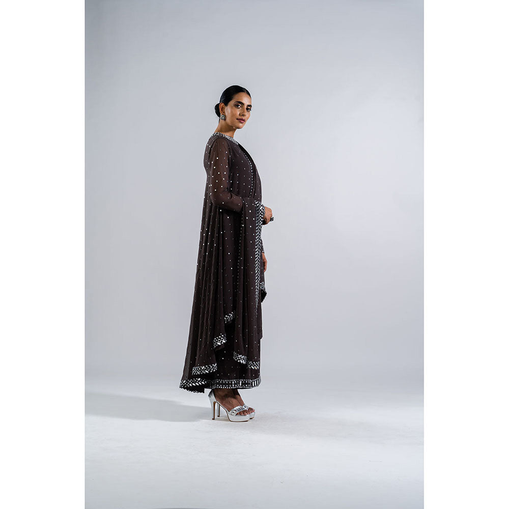 Vvani by Vani Vats Charcoal Grey Asymmetrical Kurta & Palazzo with Dupatta (Set of 3)