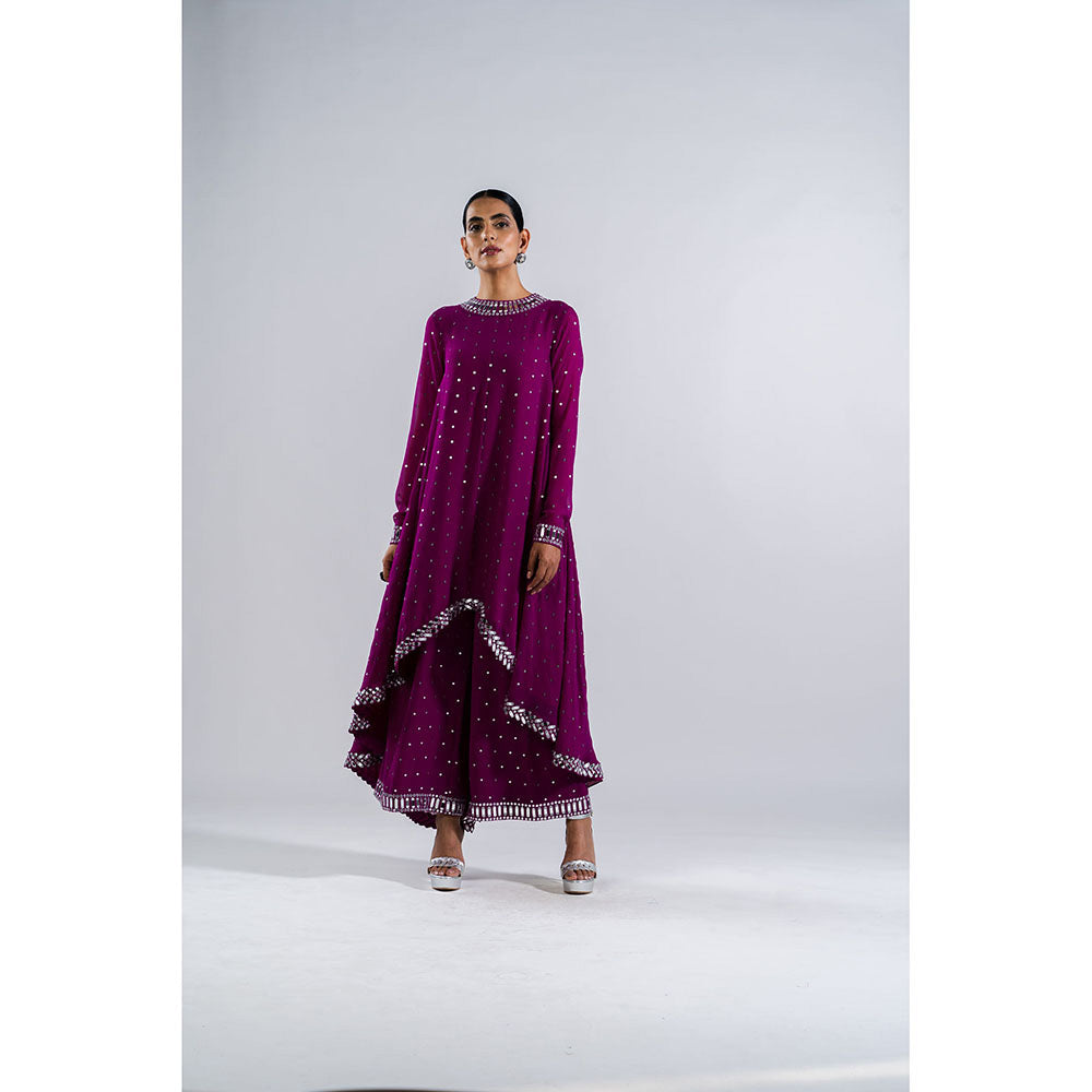 Vvani by Vani Vats Pop Wine Asymmetrical Kurta with Palazzo (Set of 2)