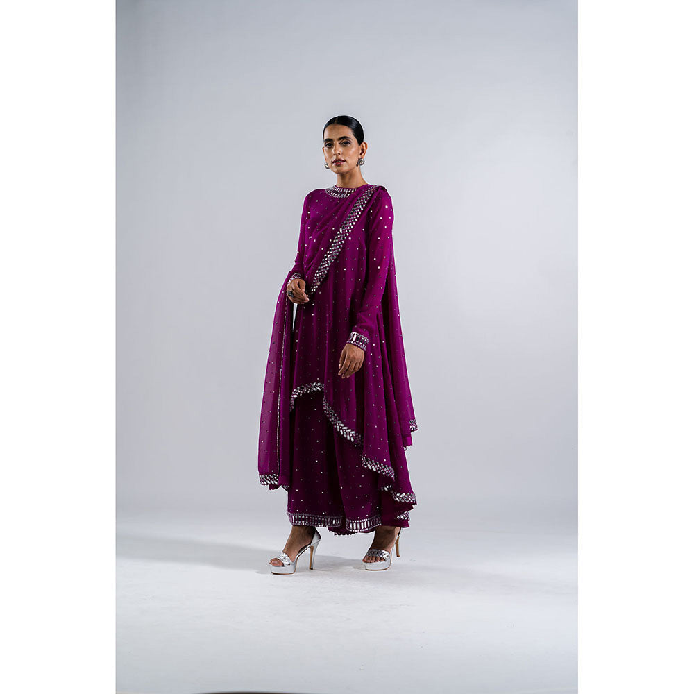 Vvani by Vani Vats Pop Wine Asymmetrical Kurta & Palazzo with Dupatta (Set of 3)