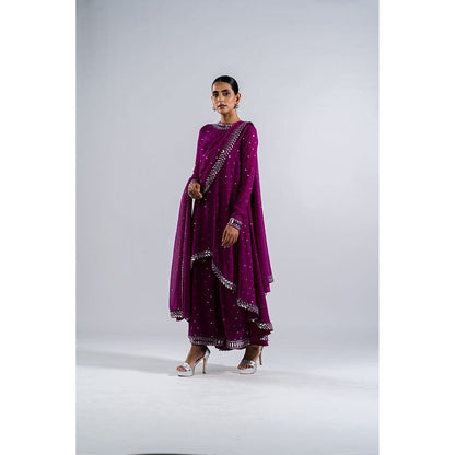 Vvani by Vani Vats Pop Wine Asymmetrical Kurta & Palazzo with Dupatta (Set of 3)