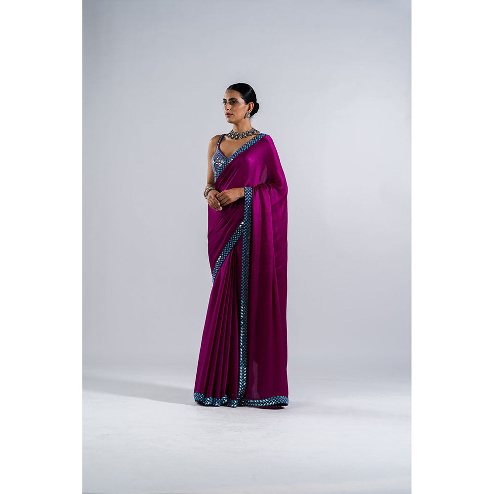 Vvani by Vani Vats Pop Wine Satin Chiffon Saree & Stitched Blouse