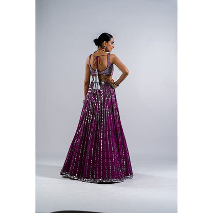 Vvani by Vani Vats Pop Wine Linear Drop Lehenga with Metallic Blouse & Dupatta (Set of 3)