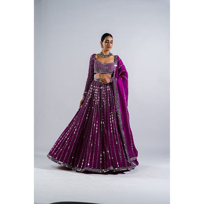 Vvani by Vani Vats Pop Wine Linear Drop Blouse with Lehenga & Dupatta (Set of 3)