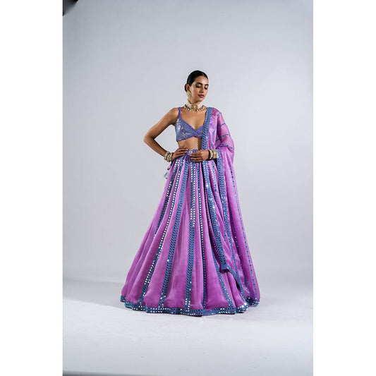 Vvani by Vani Vats Lavender Mirror Seam Lehenga with Metallic Blouse & Dupatta (Set of 3)